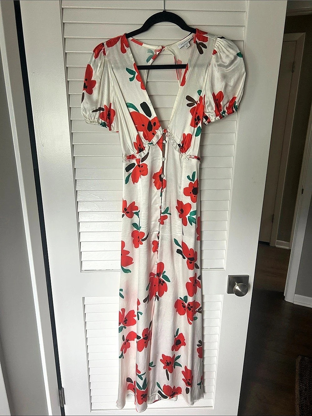 Topshop Red Floral Print Midi Dress in White & Red